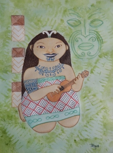 Maori woman playing a ukulele
